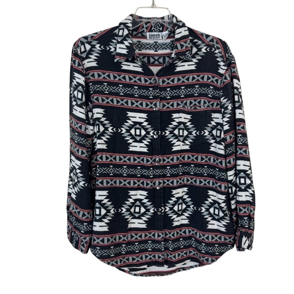 Chico's Button Up Shirt Southwestern Black White Red Chico's Size 3 (US XL/16)